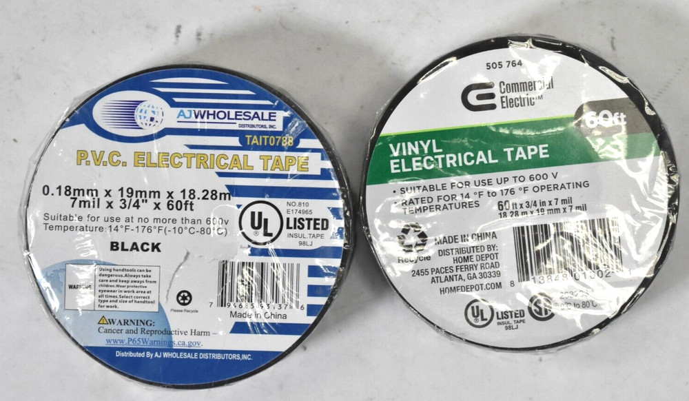 Lot of 2 Assorted Brands Electrical Tape Vinyl PVC Black Rolls 3/4″ x 60′