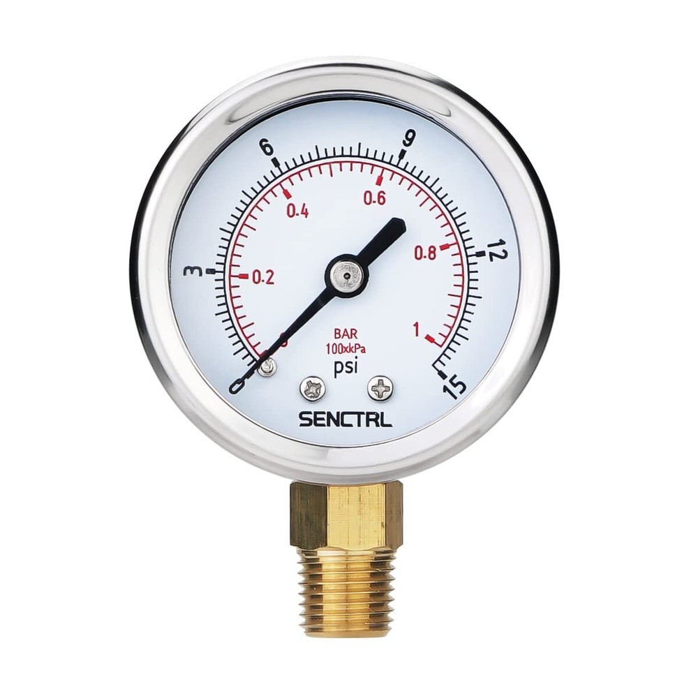 0-15 Psi Low Pressure Gauge, 2″ Dial Size, 1/4 Npt Lower Mount, Waterproof, Stai
