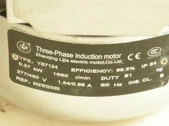 Zhaoqing Lijia 3 Phase Electric Motor 0.37 kW 1680 RPM 277/480 VAC 60Hz 1.54/0,8