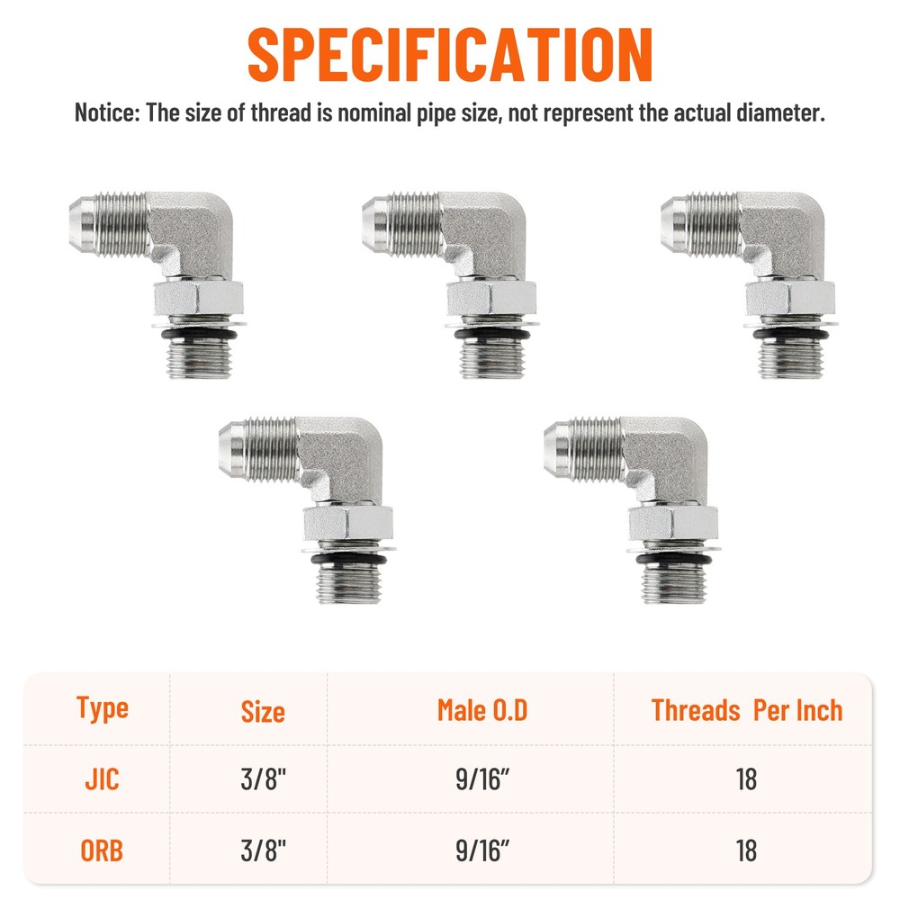 5 Pack 90 Degree Elbow Hydraulic Hose Fittings: 3/8″ JIC 37° Male X #6 SAE/ORB