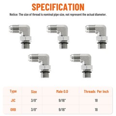5 Pack 90 Degree Elbow Hydraulic Hose Fittings: 3/8″ JIC 37° Male X #6 SAE/ORB