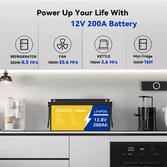 POERUNI 12V 200Ah LiFePO4 Lithium Battery 15000+ Deep Cycle BMS for Solar RV NEW
