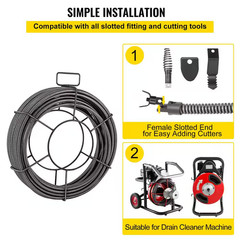 Drain Cleaning Cable 100 Ft. X 3/8 In., Solid Core Steel Sewer Cable, 4 Cutter f