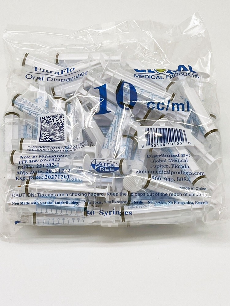 10cc ULTRA-FLO ORAL Syringes 10ml Sterile NEW Syringe + CAP -2 Teaspoon -50 Pack