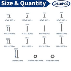 1410PCS M3 Hex Button Head Socket Cap Bolts Screws Washers Nuts Assortment Kits