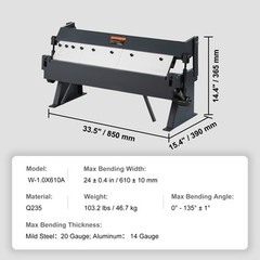 VEVOR 24 in Sheet Metal Bender 0-135° Brake Bending 14 Gauge Removable Fingers