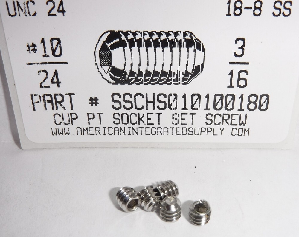 #10-24×3/16 Hex Socket Set Screws Cup Point Stainless Steel (300)