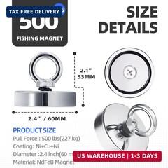 Magnet Fishing Kit 2.4″(60 mm) 500lb+, Big Strong Rare Earth Fish Magnets Heavy