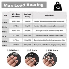 1/8 inch3mm Wire Diameter Stainless Steel Safety Small Chains 20 inch Long Li…