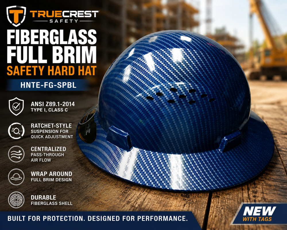 TrueCrest Fiberglass Full Brim Hard Hat Blue Silver Carbon Fiber HNTE-FG-SPBL NW