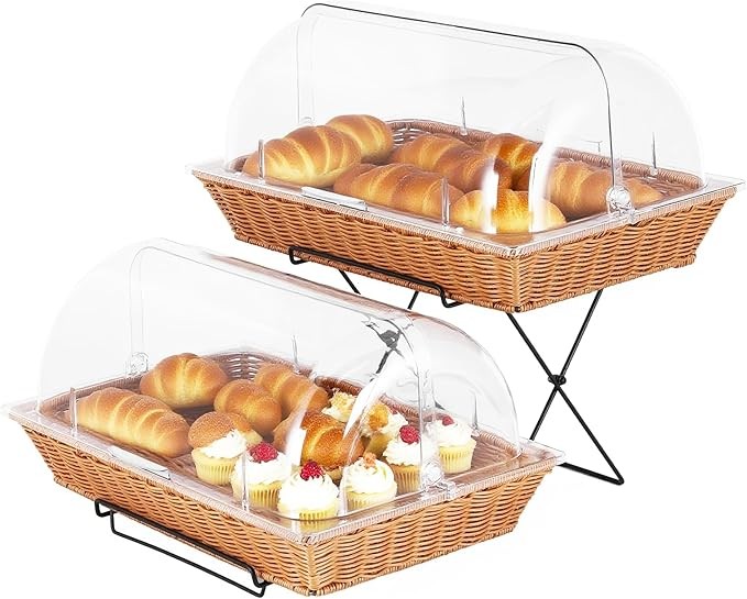 2 Pack Bread Basket Serving Tray 20.5×13 In with Clear Roll Top Cover and Metal