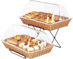 2 Pack Bread Basket Serving Tray 20.5×13 In with Clear Roll Top Cover and Metal