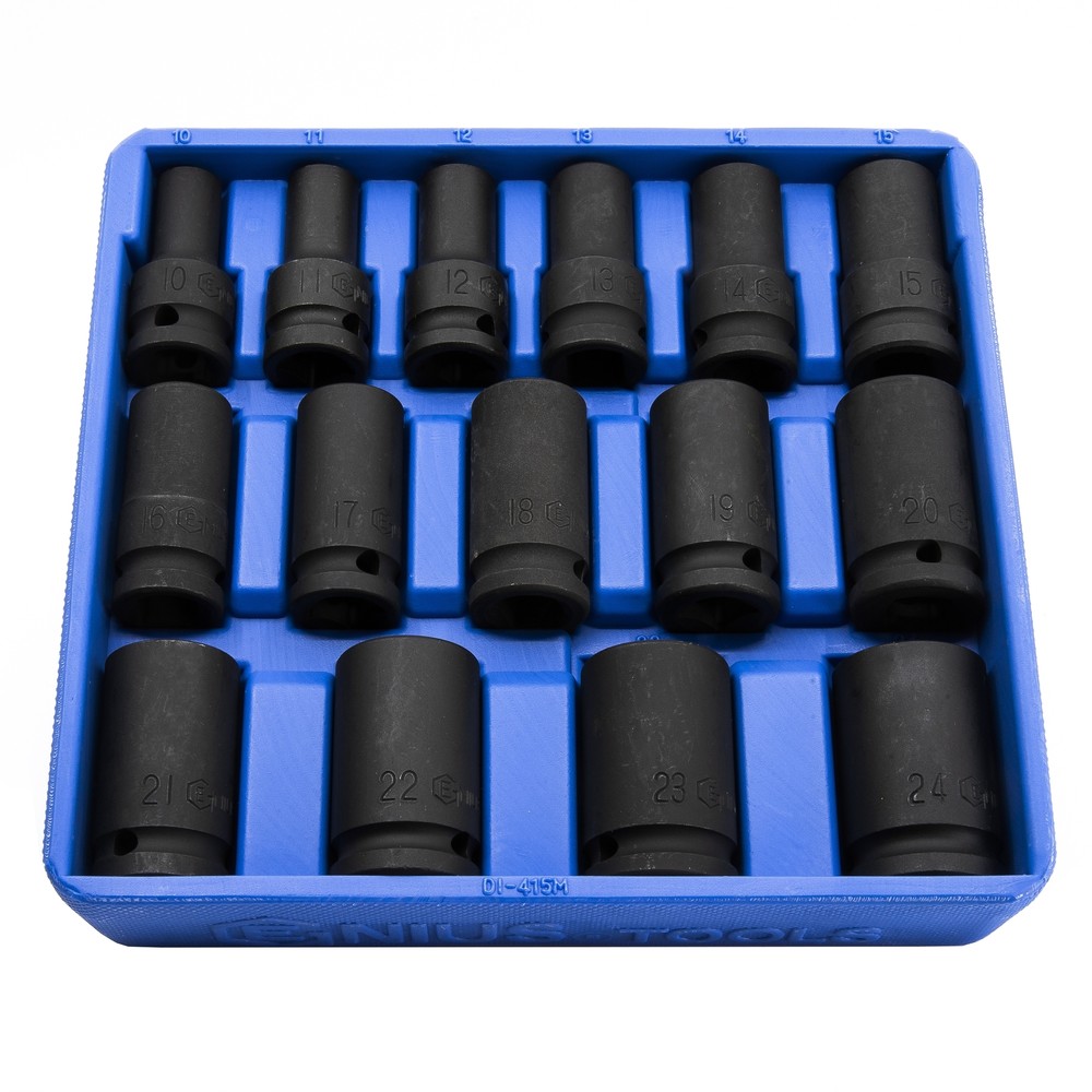 Genius Tools 15 Piece 1/2″ Dr. Metric Semi-Deep Thin Wall Impact Socket Set (…