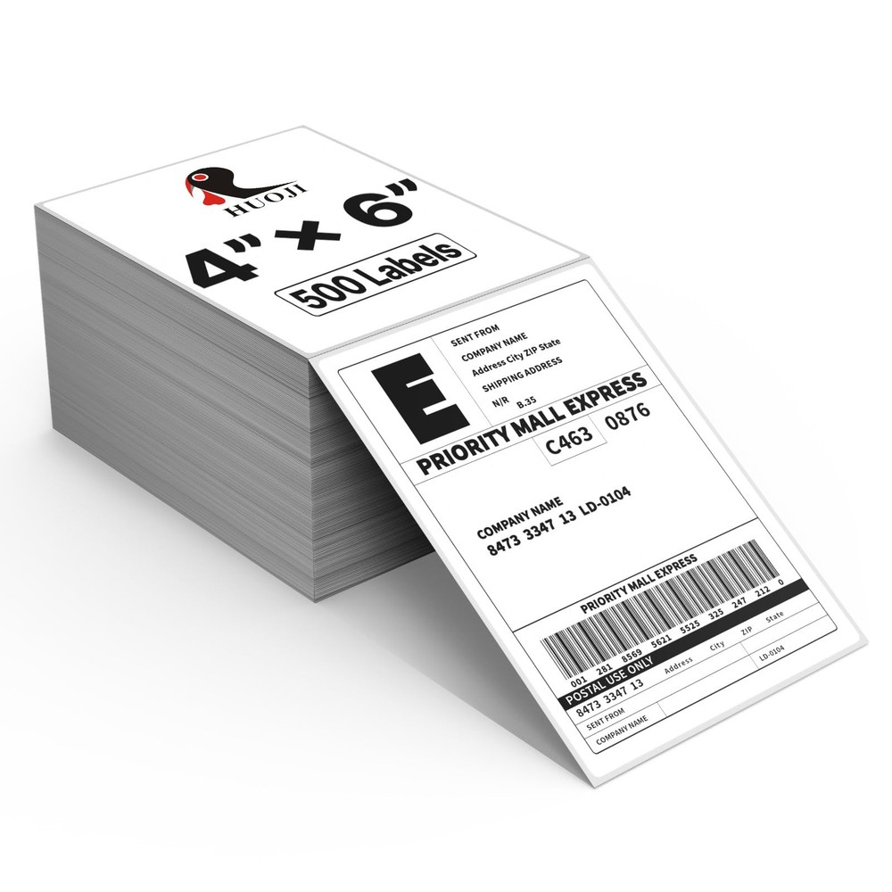 HUOJI 4×6 Thermal Labels, Perforated, 500/Stack, 1 Stack | 500 White
