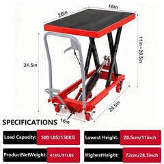 500LB Hydraulic Lift Table Cart 28.5in Single Scissor Lift Table w/ Non-Slip Pad
