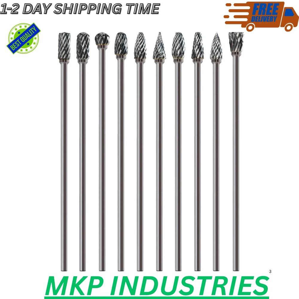 10 Pcs 1/8″ Long Shaft Tungsten Carbide Burrs Set Kit Bits 4.5″ Shank…