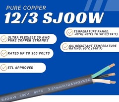 WindyNation 12/3 12 AWG 3 Conductor SJOOW Cable Cord Wire 300V Portable Power