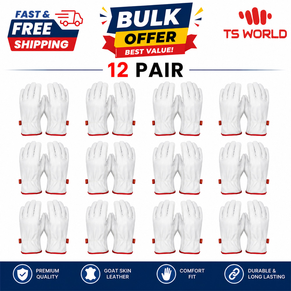 12 Pairs Genuine Goatskin Safety Gloves – Durable, Comfortable & Versatile Work