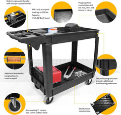 Heavy Duty 2‑Shelf Service Cart 500 Lb Capacity Polypropylene Utility Cart with