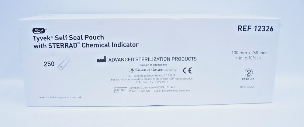 ASP #12326 Self-Seal Sterilizer Pouch w/STERRAD Chem Indicator, 4×10.25″, 250/Bx