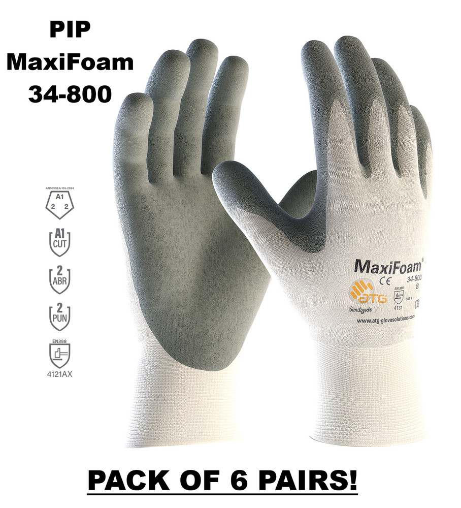 6 Pairs – PIP 34-800 MaxiFoam G-Tek Premium Nitrile Foam Coated Gloves Size: Med