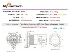 Alpinetech 19mm Momentary Pushbutton Switch with LED Colored Rings or Symbols