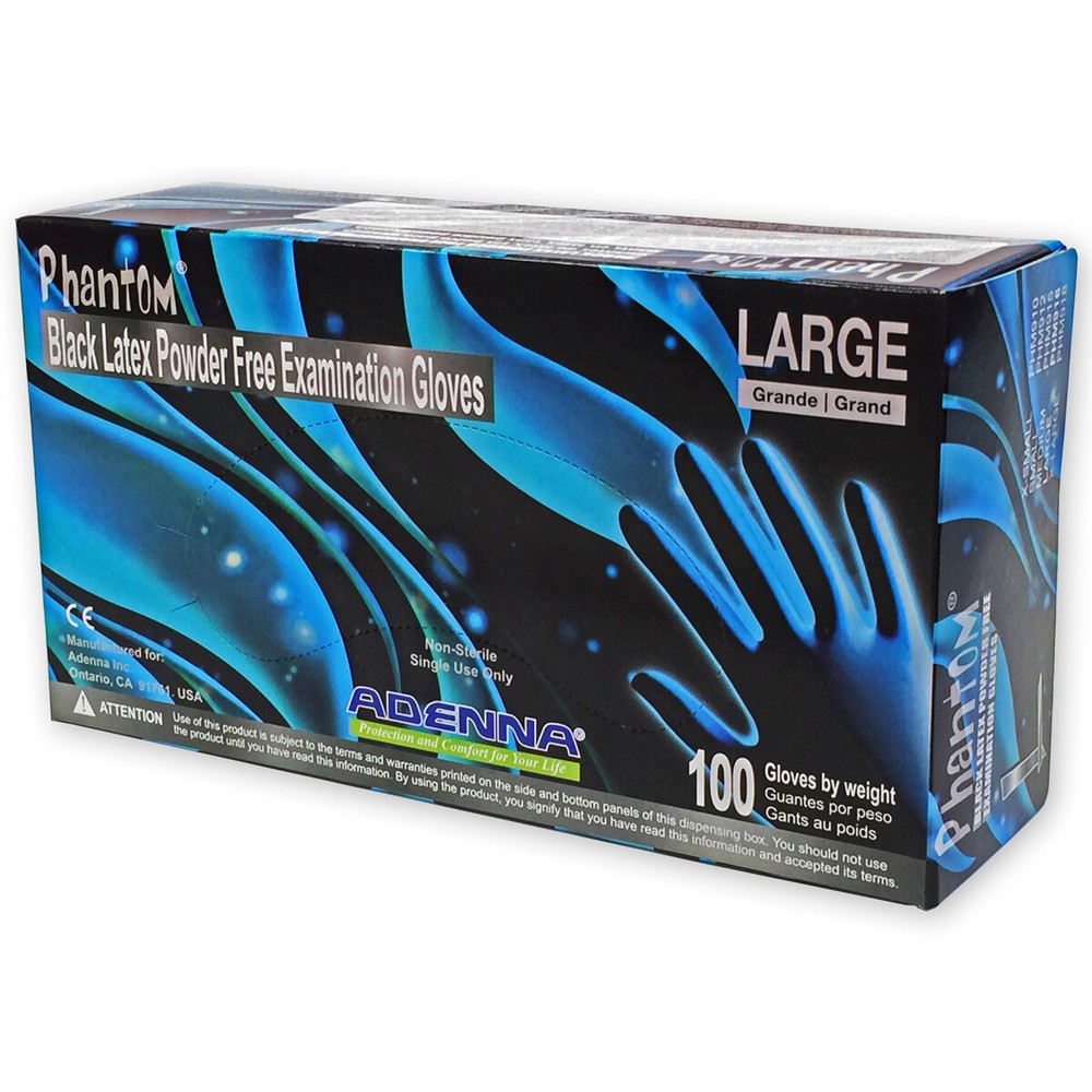 Adenna PHM91 Phantom Powder Free Exam Latex Gloves, Black Case/10 Boxes