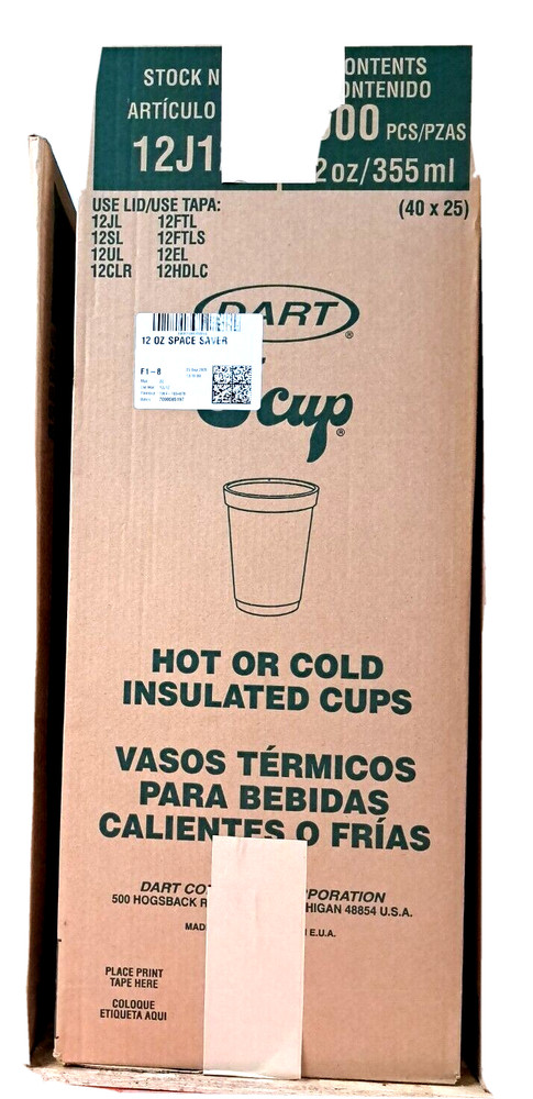 NEW DART 12J12 HOT or Cold BEVERAGES 12 oz. 1,000 FOAM CUPS CASE