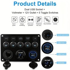 5-Switch 12V Electrical Panel – Voltmeter, Dual USB for RV, Truck & Boat