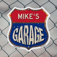 Mike’s Garage Shield Shaped Sign Weather Resistant Crafted in the USA