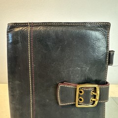 Vtg FRANKLIN COVEY Classic Black Full Grain Leather Planner Cover Brass Buckle