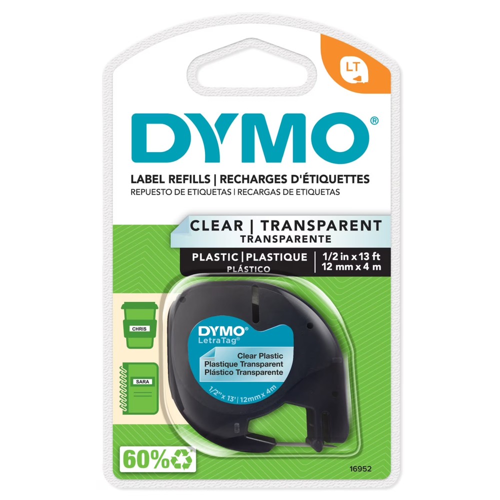 DYMO Labeling Tape for LetraTag 1/2″x13ft Black on Clear 1 Count