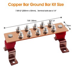 Copper Grounding Bar Kit 7.8 Inch Bus Bar 10 Terminal UL Insulator 600A