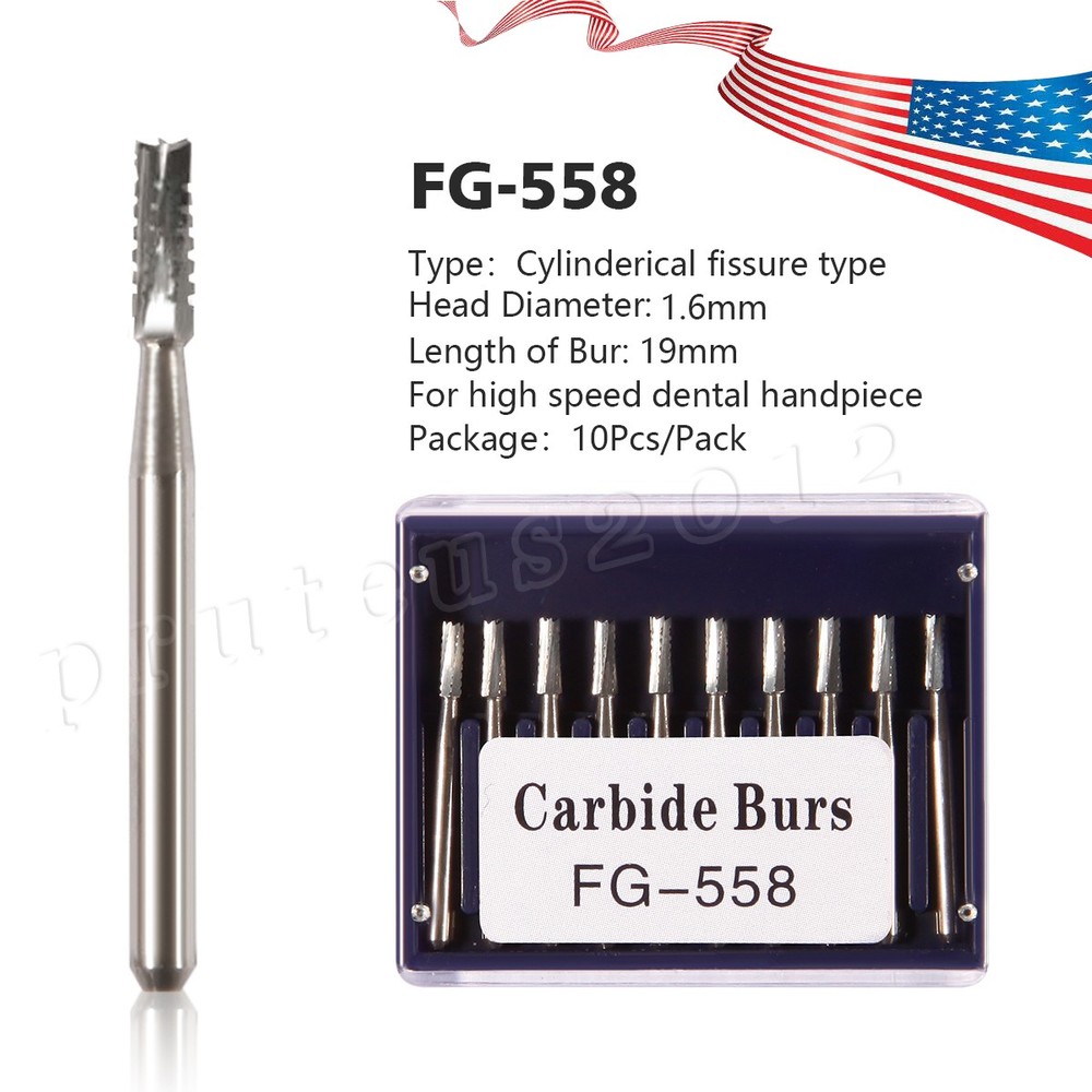 Dental Carbide Burs FG 558 Cross Cut Straight Fissure (pack of 10 Burs)