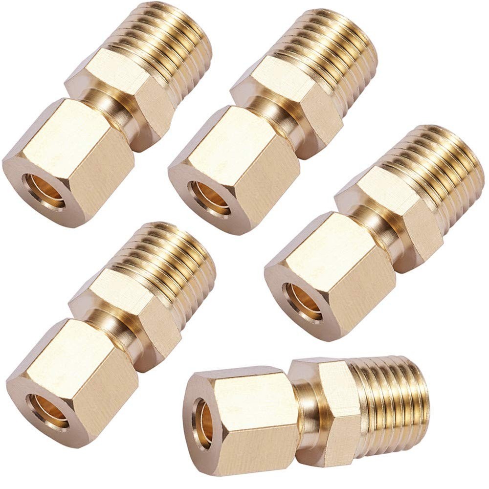 5 Pack Brass Compression Fittings – 1/4″ OD x 1/4″ NPT Male Couplers