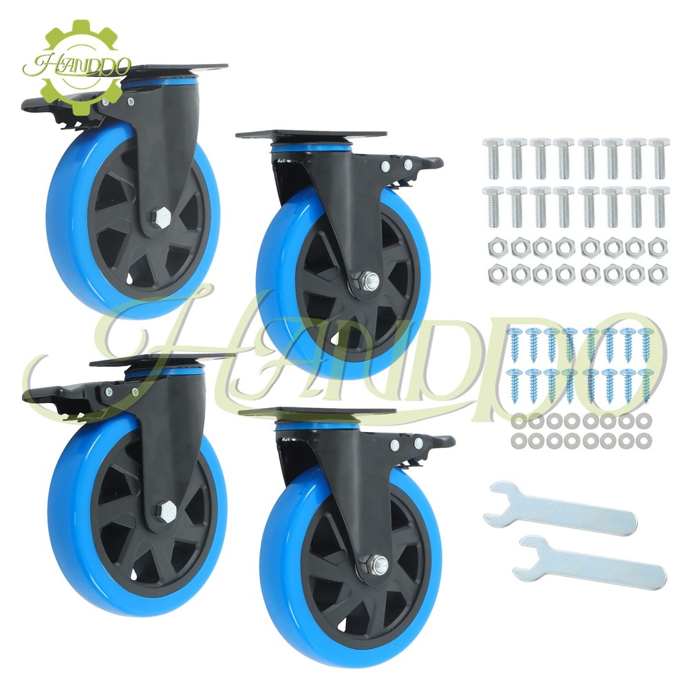 4 Pcs 6-Inch Polyurethane Casters With Brake Included 2 × Hardware Kits Blue