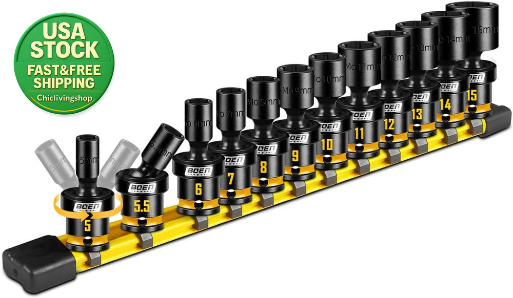 12 Piece 1 4 Drive Metric Impact Swivel Socket Set 5-15Mm Cr-Mo Steel Wobble