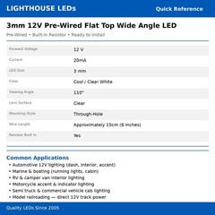 5 x 12v 3mm Flat Top Pre Wired Cool Clear White LED Wide Angle 14v 15v Prewired
