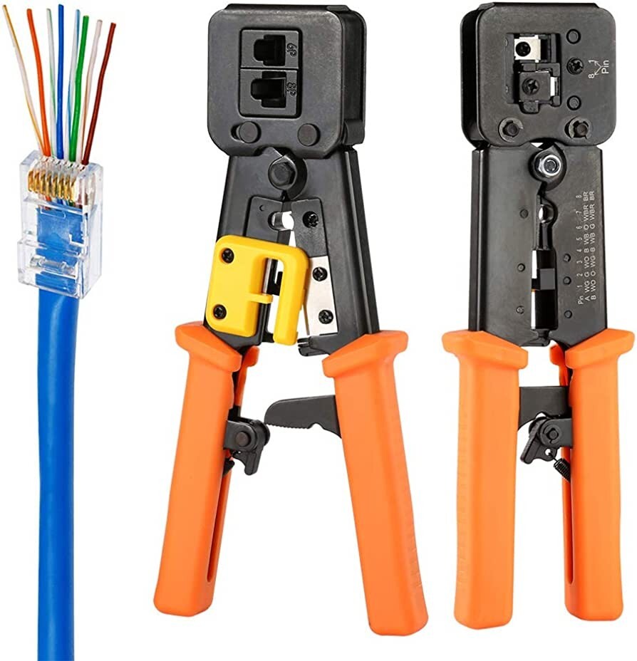 RJ11 RJ12 RJ45 Crimp Tool Pass Thru Cat5 Cat5e Cat6 Cutter Stripper Crimper Tool