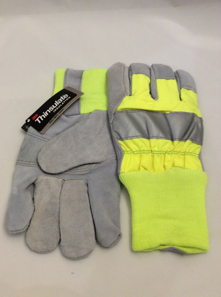 Reflective Yellow/Gray Leather Gloves 100 Gram 3M Thinsulate Lining, Safety Cuff