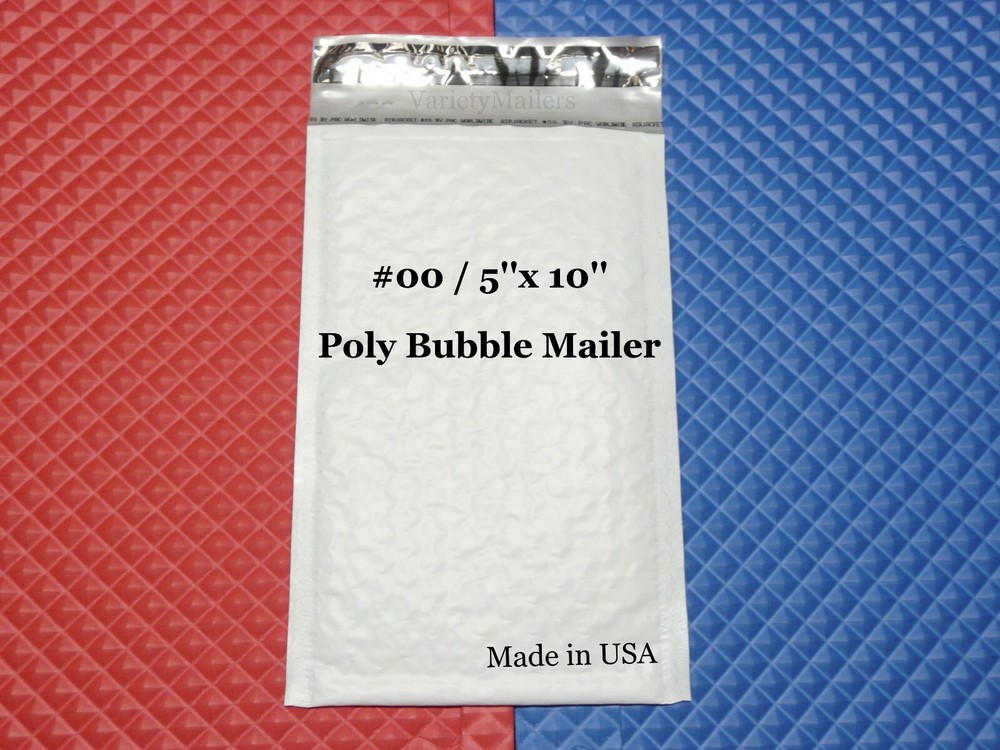 10 Poly Bubble Envelopes #00 / 5”x 10” Self-sealing Mailers ~ Made in the USA