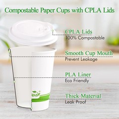 ECOLipak 100 Count 12 oz Compostable Paper Coffee Cups, Biodegradable Disposable