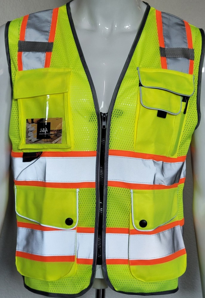 FX Class2 Hi-Vis Reflective Safety Vests with 6 Pockets and Zipper Front Green.