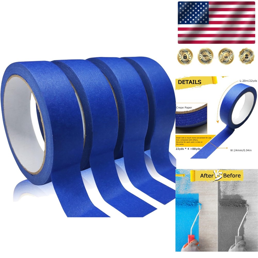 4 Rolls of Blue Painters Tape – No Residue, Easy Removal, Multi-Purpose