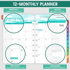 2026 Calendar Planner Inserts A5 5.5 Inch x 8.5 Inch with Flexible Removal Tabs