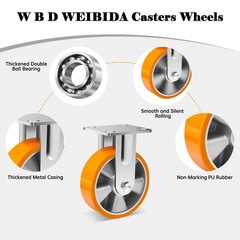 6 Inch Industrial Fixed Casters (2 Pack), Maintenance-Free Polyurethane on Al…