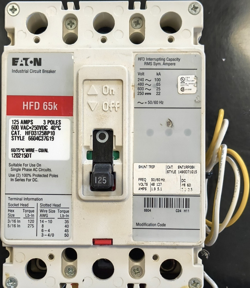 Eaton HFD 65k 125A 3-Pole 600VAC SHUNT-TRIP Breaker Shunt Trip