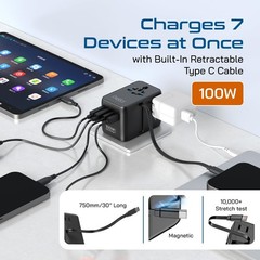 Ceptics GAN 100W Universal Travel Adapter with Retractable USB-C Cable, 2X US…