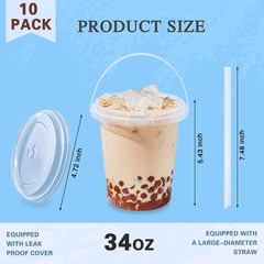 34Oz Disposable Plastic Cups with Lids and Straws – 10 Pack for Beverages
