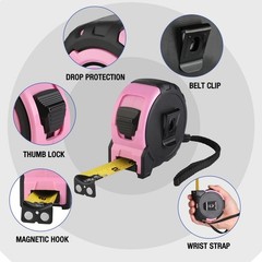 WORKPRO 25FT Pink Tape Measure, 1/8 Fractions Easy Read Measuring 7.6 m,